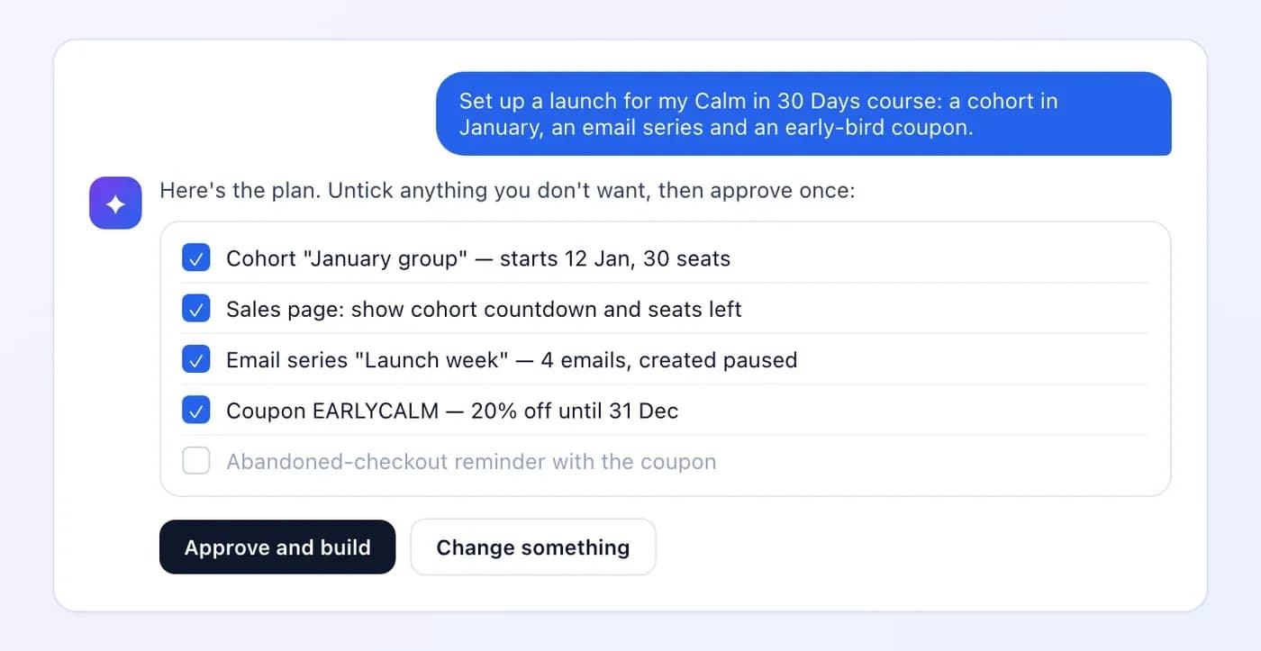 The AI assistant planning a course launch as a checklist to approve