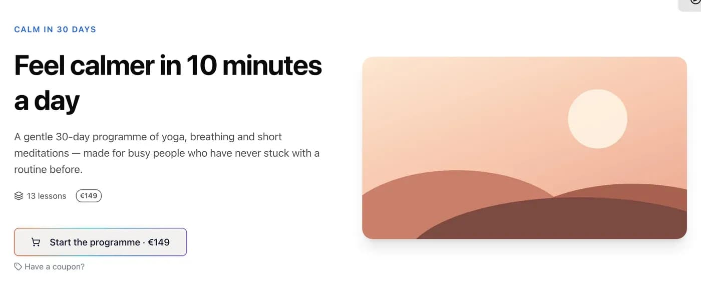 A course sales page with a headline, price and buy button