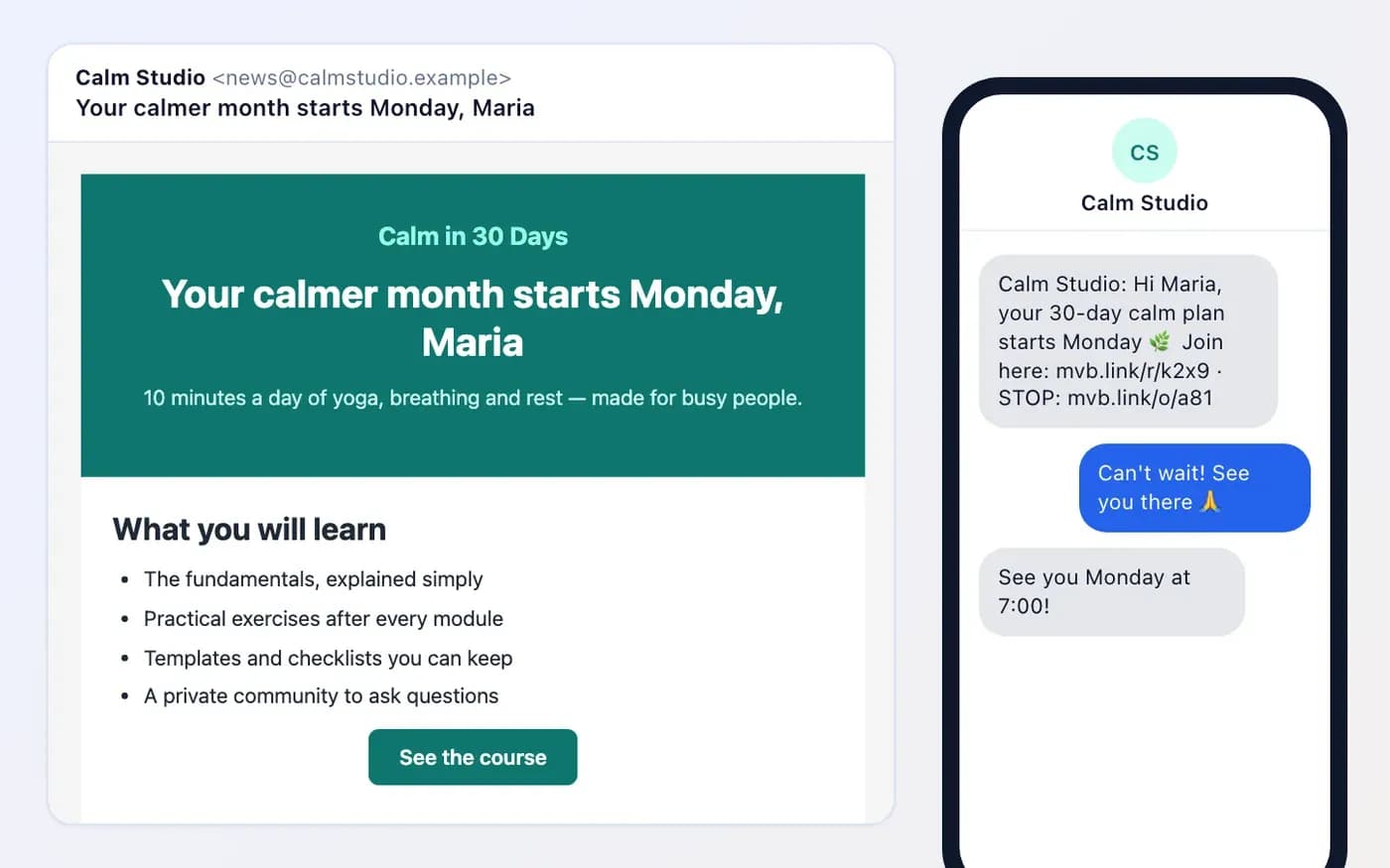 A designed course launch email and a text message on a phone