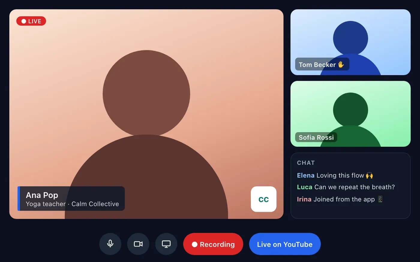 A live video class with speakers, a name banner and on-screen chat