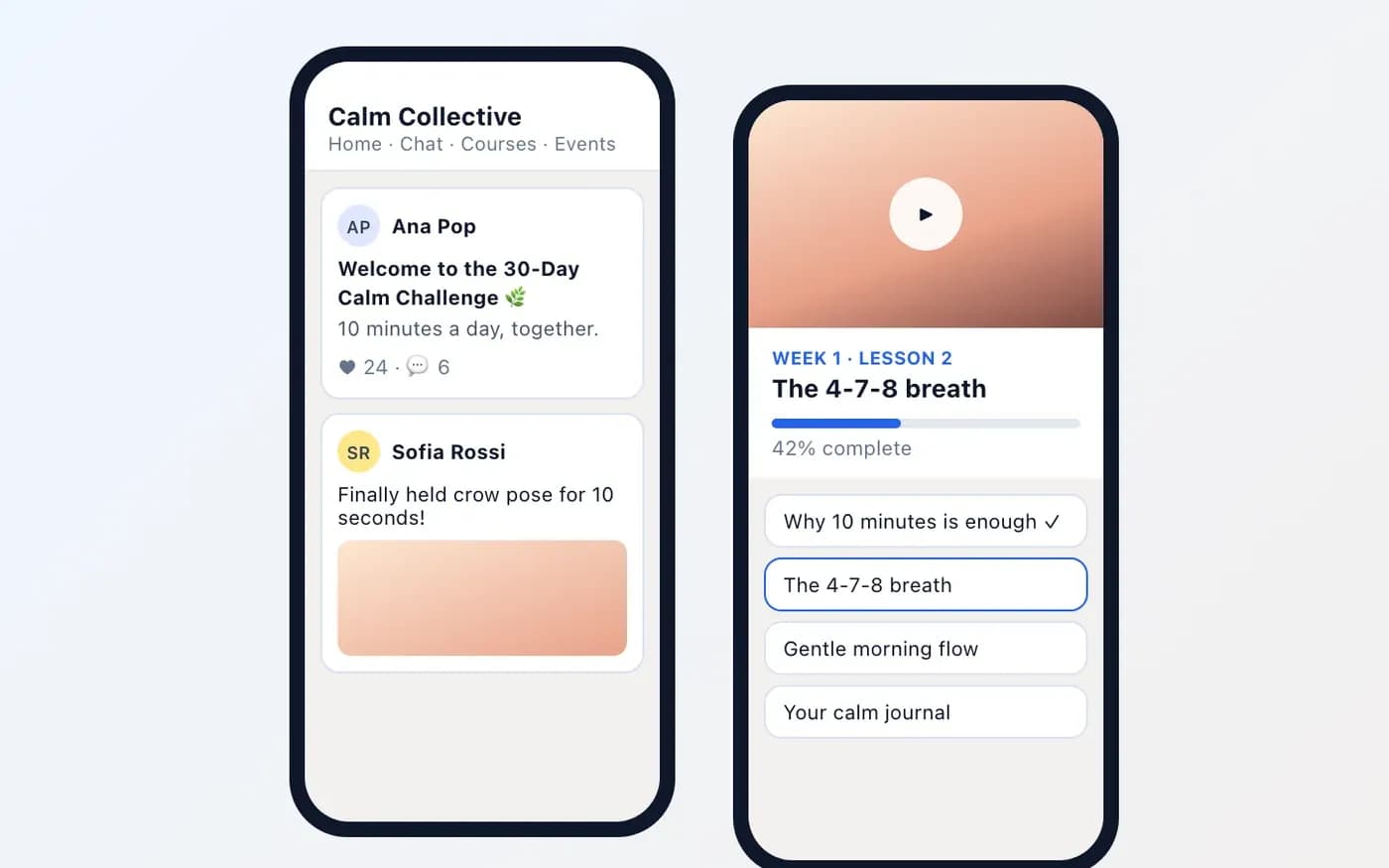 The mobile app showing a community feed and a course lesson