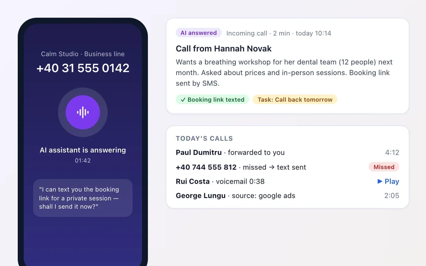 A phone call answered by the Voice AI assistant with a summary in the inbox