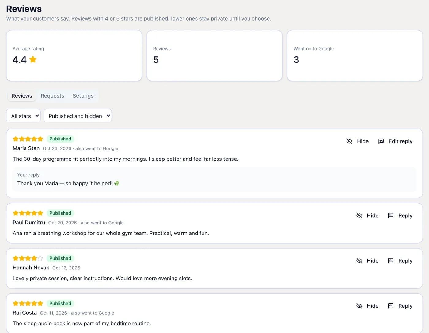 A list of five-star customer reviews with replies