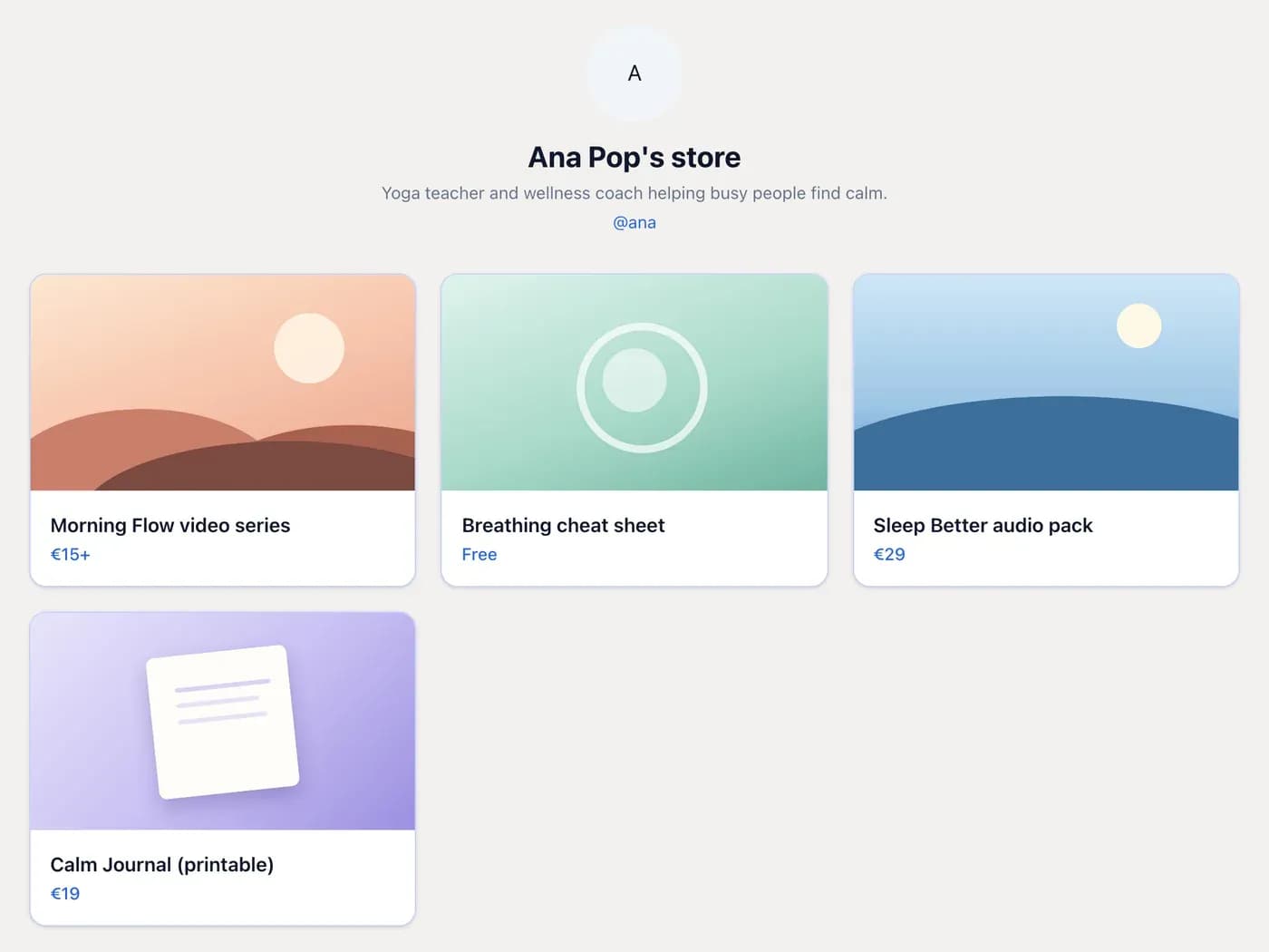A creator storefront with digital products and prices