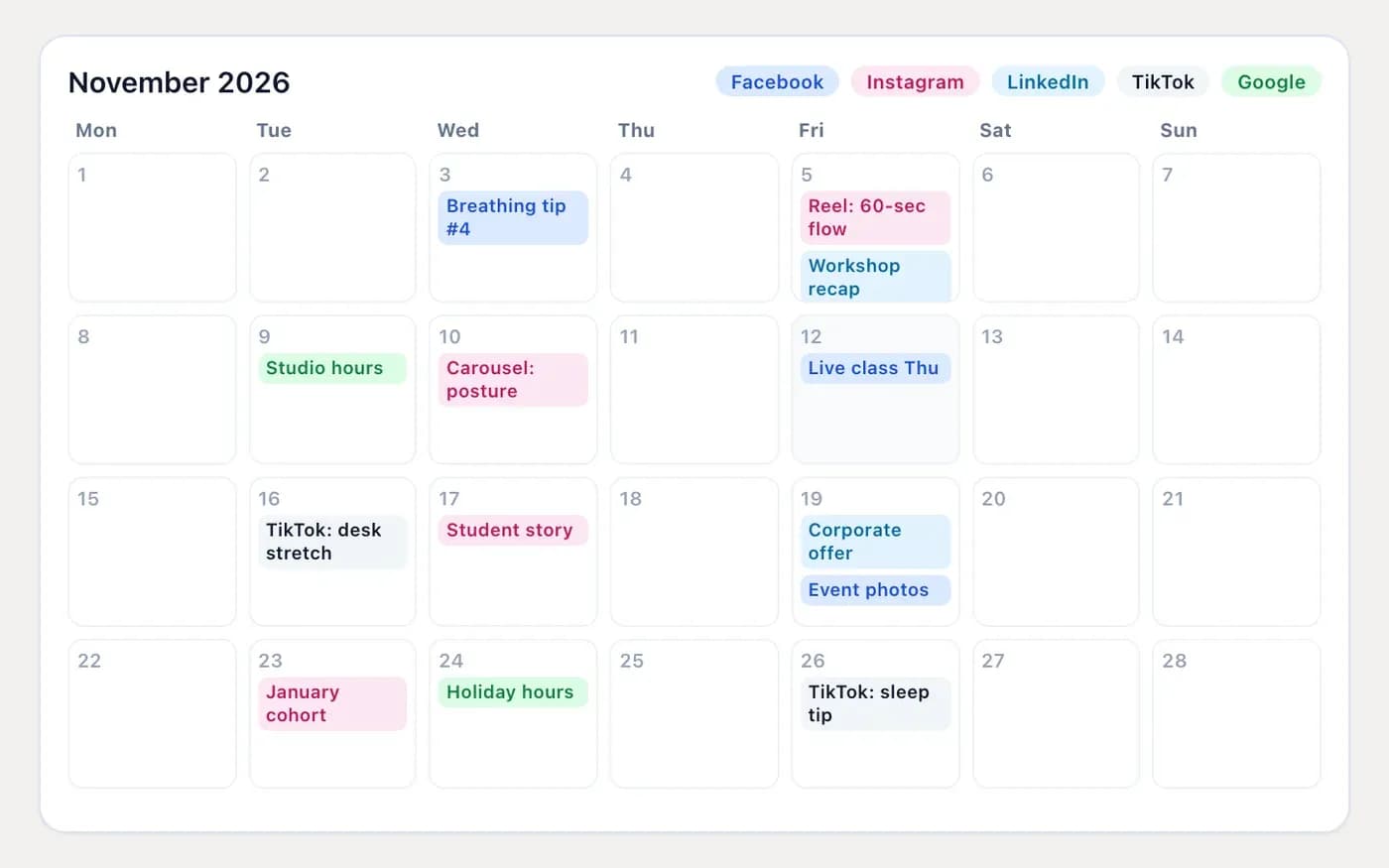 A social media calendar with scheduled posts for several networks
