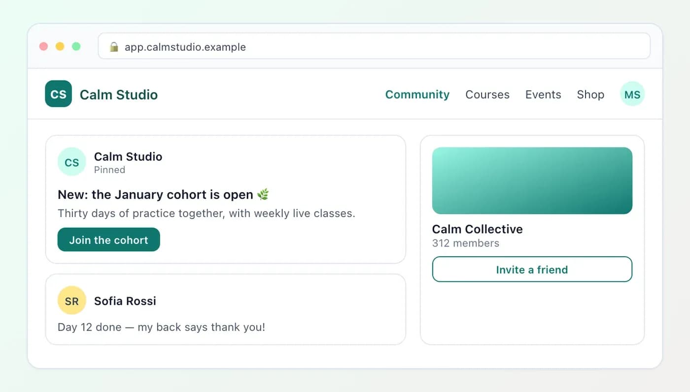 A creator's community app on their own domain with their logo and colours